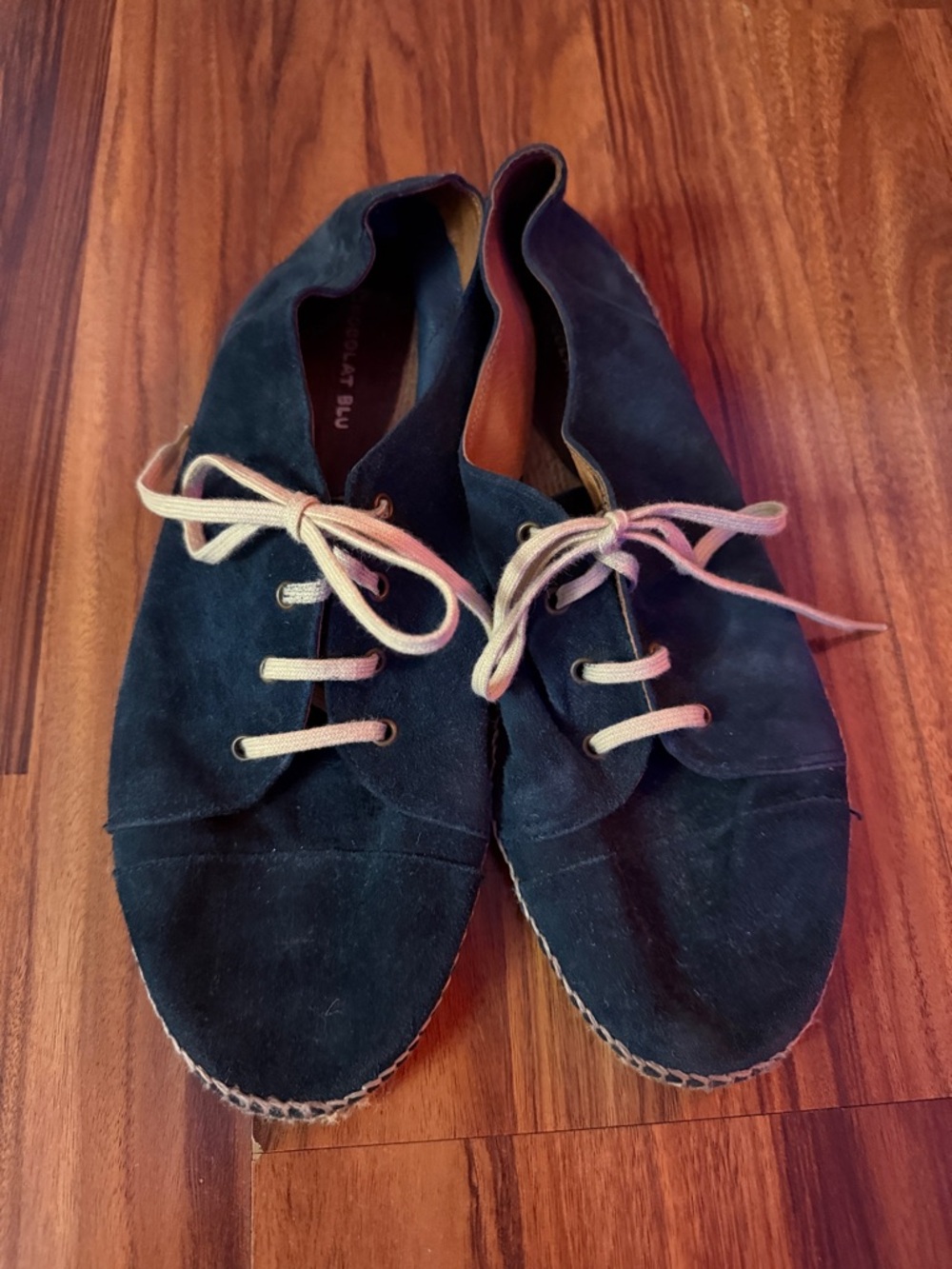 Chocolat Blu Anthropologie Lace Up Navy Blue Suede Espadrille Flats